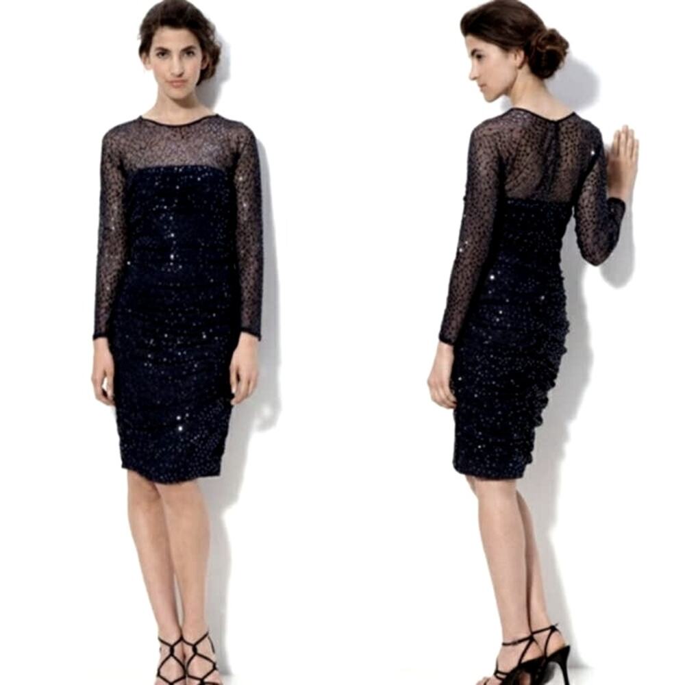 Tadashi Shoji Illusion Bodice Sequin Mesh Sheath Dress XS Black